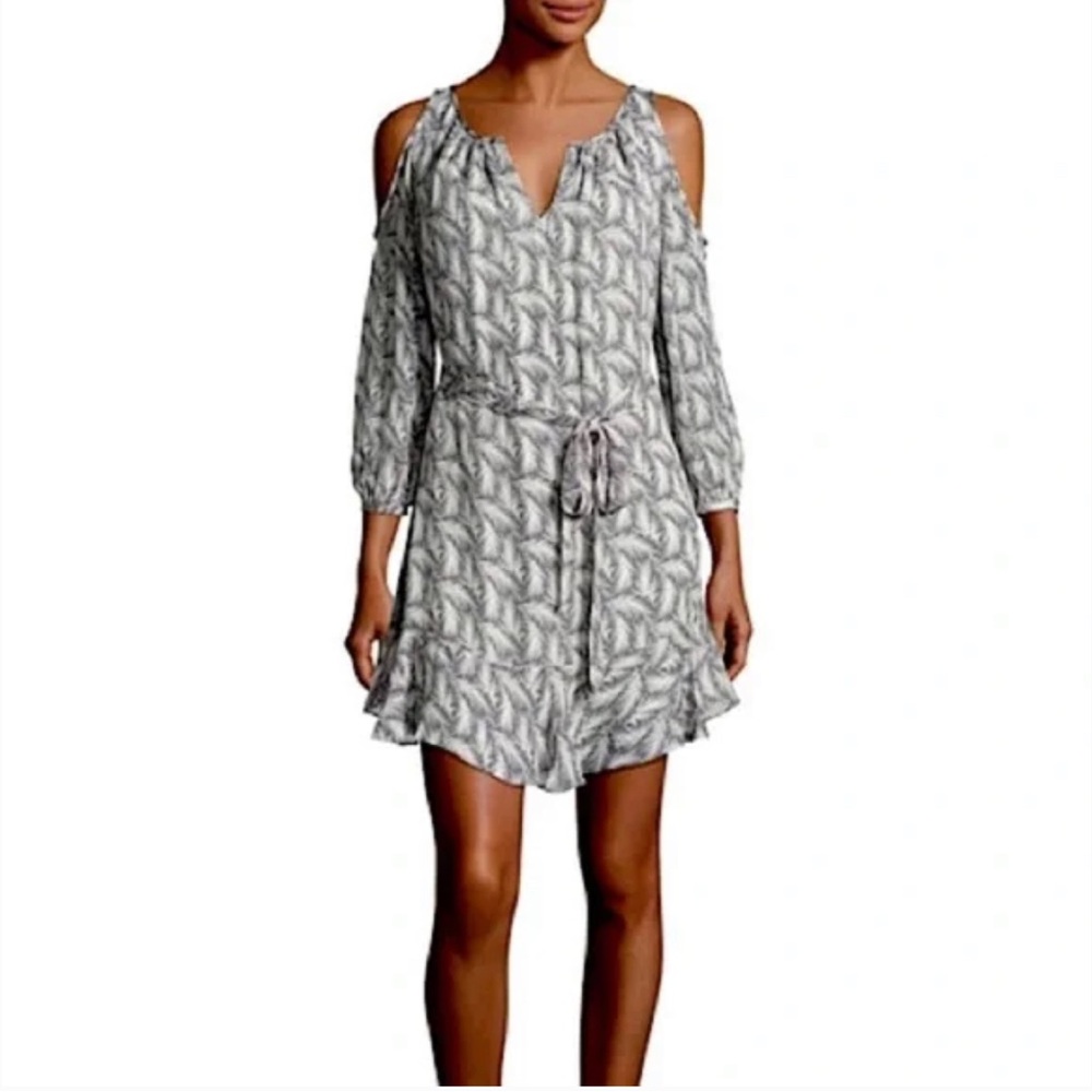 Joie Isaline Feather Cold Shoulder Mini Dress Gray White Print Silk Tie Belt XXS - Picture 2 of 16